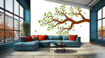 Vector illustration of tree branch with green leaves and two birds on white background. Wall sticker. Wall mural