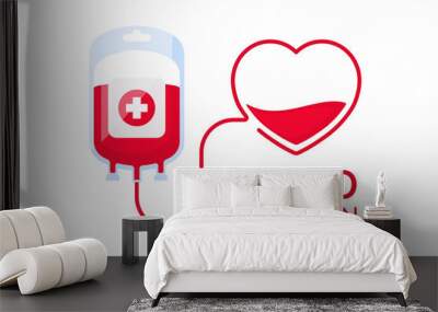 Donate blood concept with blood bag and heart. Blood donation vector illustration. World blood donor day - June 14. Wall mural