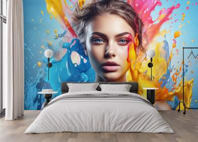 Art Portrait of a beautiful woman with bright makeup and colorful water splashes. Portrait of a attractive girl  with colorful splashes on her face. Concept - Beauty, Cosmetics,  Makeup. AI generated. Wall mural