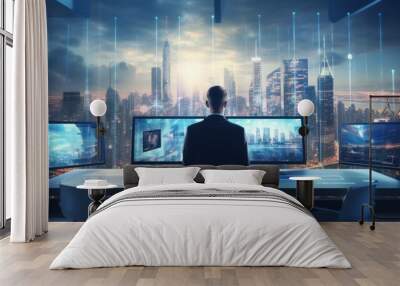 Back view of businessman looking at abstract network hologram on city background.  Businessman watching futuristic hologram on laptop screen against night city. Future and technology concept Wall mural