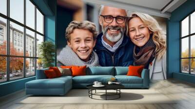 Beautiful, happy European family with a kid. Joyful caucasian couple with a small kid in an urban lifestyle. Portrait of a cheerful family looking at the camera and smiling. AI Generated Wall mural