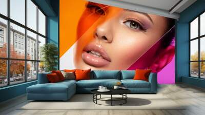 Beautiful white girl with bright eye-makeup. Beautiful fashion woman with  a colored  items.   Glamour fashion model with bright gloss make-up posing at studio. Stylish fashionable concept. Art. Wall mural