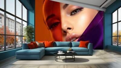 Beautiful white girl with bright eye-makeup. Beautiful fashion woman with  a colored  items.   Glamour fashion model with bright gloss make-up posing at studio. Stylish fashionable concept. Art. Wall mural