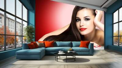 beautiful woman with long brown straight hairs Wall mural