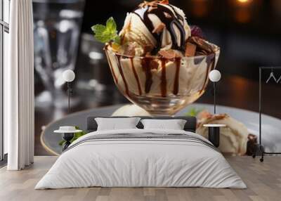 Chocolate Ice cream in a beautiful desert glass on the background of a luxury interior with dark decor. Ice cream scoops in a crystal bowl standing in a luxury restaurant. Wall mural