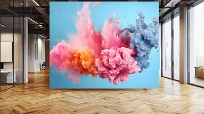 Colorful paint splashing isolated on blue background.  Illustration  beautiful multicolored water splashes in 16:9 aspect on colored background. Bright Oil splashes. AI generated illustration. Wall mural