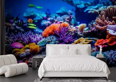 Colorful tropical coral reef with fish. Vivid multicolored corals in the sea aquarium. Beautiful Underwater world. Vibrant colors of coral reefs under bright neon purple light. AI generated  Wall mural