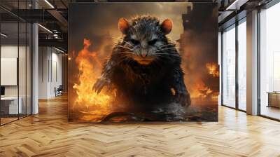 Furious rat in the fire of destruction. Angry furry mouse with a growl giving a death stare. Rat beast causes chaos and destruction on a fire background. Fictional scary character with a grin. Wall mural