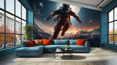 Futuristic astronaut in distant outer space. Astronaut in space. Space traveler on a cosmic journey. Science fiction art of a human cosmonaut walking on an unknown planet or asteroid.  3D rendering. Wall mural