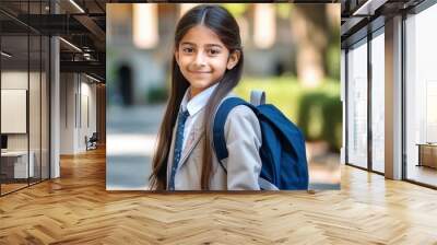 Happy little indian school girl smiling in city. Portrait of a happy young indian schoolgirl with backpack standing on city street and looking to camera with a smile. Cheerful indian female  pupil Wall mural