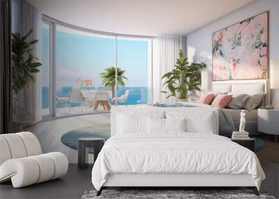 Luxury bedroom with sea view, 3d render. Modern interior design of bedroom in light style, 3d illustration. Bedroom in a hotel with a beautiful view of the sea.  AI generated interior design. Wall mural