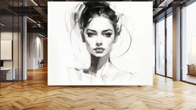 Portrait of a beautiful young woman with a fashion hairstyle, art. Beautiful black and white watercolor and pencil sketch of a young girl. Psychology concept. Vector illustration of a female. . Wall mural