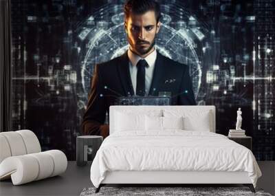 Portrait of a futuristic man holding a digital tablet with a hologram in his hands. The concept of artificial intelligence. Man in a suit holding a tablet with a holographic projection of an interface Wall mural