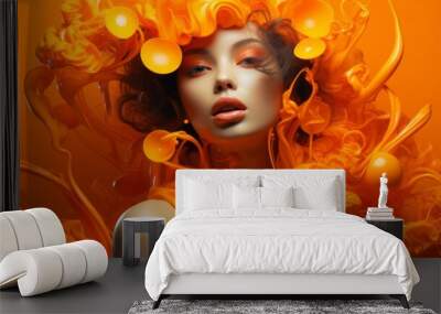 Portrait of a gorgeous and sensual girl in orange clothing. Closeup female face with bright orange makeup. Orange color concept. Fashion portrait of a woman with red hair with abstract background Wall mural