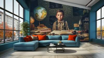 Portrait of serious schoolboy sitting at a desk with books and globe. Cute little boy studying at a table in school. Small child doing homework in dim room at home. Vintage educational concept. Wall mural