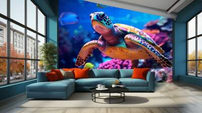 Sea turtle swimming in the ocean among colorful coral reef.  Underwater world. Hawaiian Green sea turtle swimming in coral reef.  Beautiful Underwater world. Marine life.  3d render illustration.. Wall mural