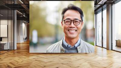 Senior Asian man smiling at the camera outdoors. Close-up portrait of a laughing handsome Asian man in the city. Middle aged man walking in a city.  AI Generated Wall mural