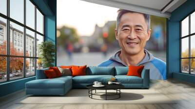 Senior Asian man smiling at the camera outdoors. Close-up portrait of a laughing handsome Asian man in the city. Middle aged man walking in a city.  AI Generated Wall mural