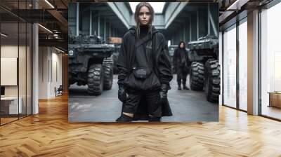 Shot of a beautiful young woman standing in front of military equipment. Portrait of a female security guard in a black uniform. Girl in a Cyberpunk style. Portrait of a girl in a military clothes Wall mural