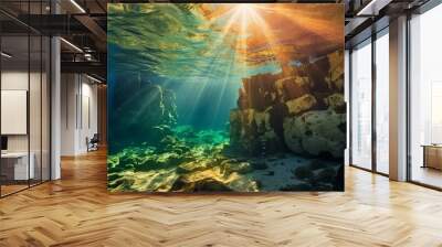 Underwater view of the rocks with sunlight rays  in the Mediterranean Sea.  Beautiful underwater world with crystal clear turquoise sea water and bright sunbeams. Composition of nature . 3d render Wall mural