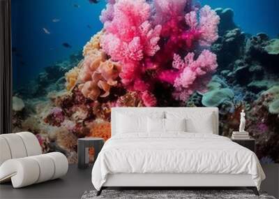 View from below of a beautiful colorful coral reef with a water column through which sunlight breaks through. Colorful Tropical coral reef and fish in the Sea.  Pink coral reef in the deep blue ocean. Wall mural