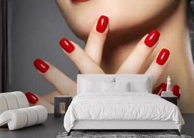 woman with fashion red nails and sensual lips Wall mural