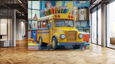 3D cartoon, a cute school bus filled with pencils and backpacks on the background of an empty classroom desk, generative AI Wall mural