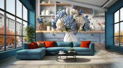 a bouquet of blue and white flowers in a vase with a ribbon on a wooden table, generative AI Wall mural