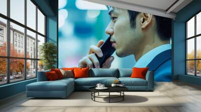 A businessman in a suit is holding a smart phone, generative AI Wall mural