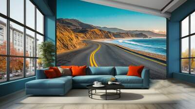 A coastal road with the ocean on one side and cliffs on another, generative AI Wall mural