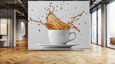 A coffee cup with brown liquid splashing out, generative AI Wall mural