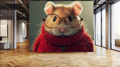 a cute baby hamster wears glasses in a little sweater, generative AI Wall mural