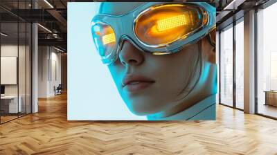 A futuristic woman wearing a metallic silver outfit with blue and yellow LED light stripes on the visor of her eyeglasses, generative AI Wall mural