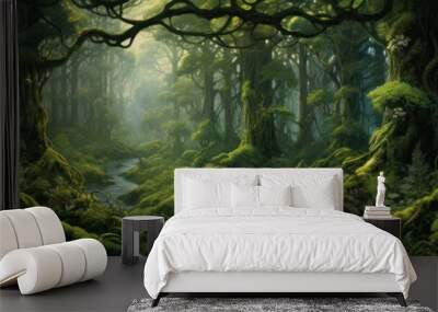 a green forest covered with trees and moss, generative AI Wall mural