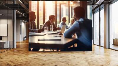 a group of employees are sitting in a meeting and listening to what their boss is saying about business in the organization in the small meeting room, generative AI Wall mural