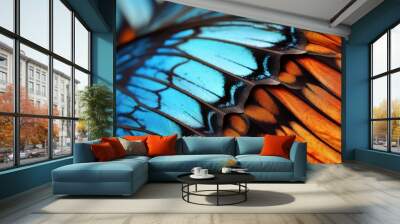 close up butterfly wing blue and orange colors, generative AI Wall mural