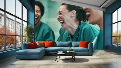 happy doctors laughing together in scrubs, generative AI Wall mural