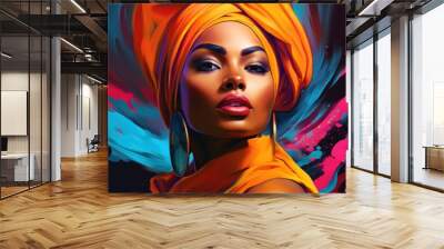 illustration of beautiful black woman in a turban, generative ai Wall mural