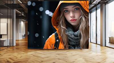 illustration of winter girl in orange jacket, generative AI Wall mural