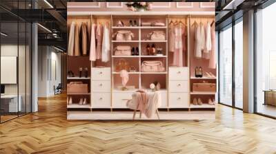 interior of a luxury female wardrobe full of expensive dresses, generative AI Wall mural