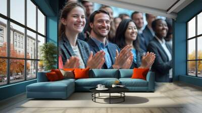 Multi ethnic group of business people clapping and smiling at a conference, generative AI Wall mural