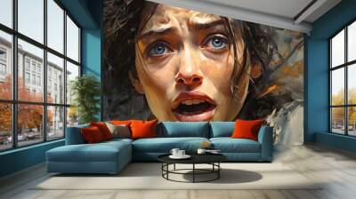 oil painting of close up portrait scared girl is screaming out loud, generative AI Wall mural