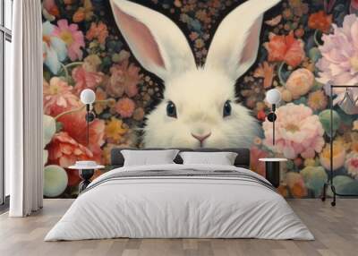 painting of a white rabbit with flowers, generative AI Wall mural