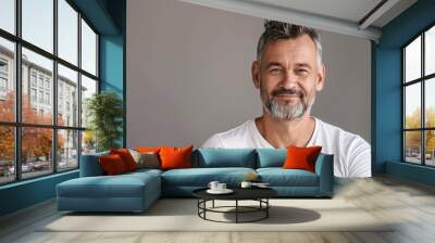 portrait of handsome middle aged man in white t-shirt smiling, generative AI Wall mural