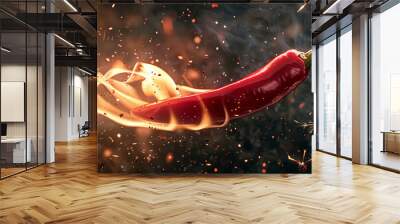 red chili pepper with fire and sparks flying around it, generative AI Wall mural