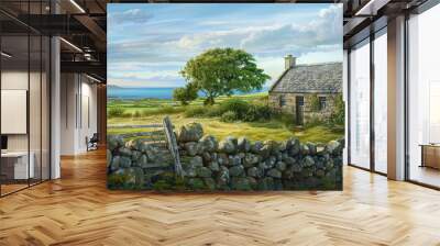 stone cottage in the irish countryside, generative AI Wall mural