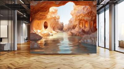 the entrance to an ice cave with water inside, in the style of light indigo and dark beige, generati Wall mural