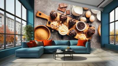 Baking ingredients and homemade muffins with chocolate and berries, selective focus. Wall mural