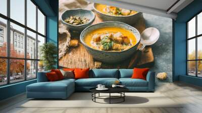 Pumpkin soup in a bowl with croutons and pumpkin seeds. Wall mural