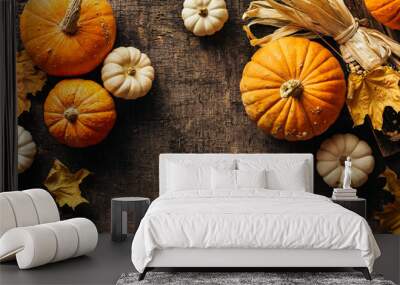 Pumpkins and corn and autumn leaves on old shabby background. Autumn background with copy space. Wall mural